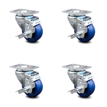 Service Caster 3.5 Inch Solid Polyurethane Wheel Swivel Top Plate Caster Set with Brake SCC SCC-20S3514-SPUS-TLB-4